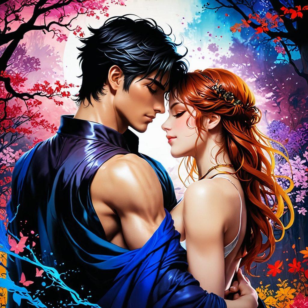 An enchanting scene showcasing a variety of adult manga art styles, featuring a diverse cast of characters in intimate, artistic poses. The background blends vibrant colors and intricate details representing different themes, such as romance, fantasy, and sensuality. Elements of brush strokes and ink splashes create a dynamic composition, inviting the viewer to explore the journey of erotic art. super-realistic. vibrant colors. dynamic composition.