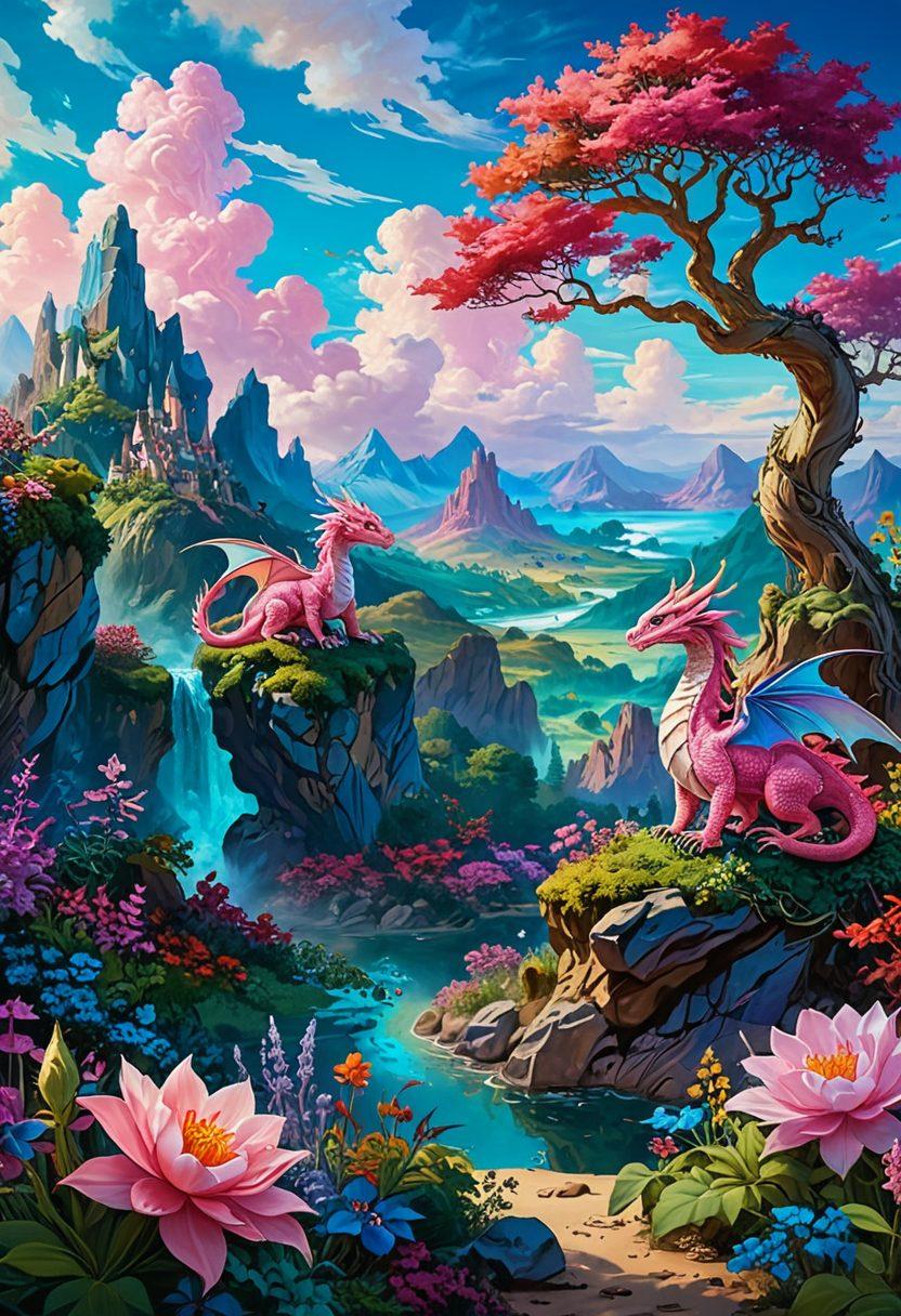 An artistic representation merging fantasy and reality, featuring a whimsical landscape with vibrant, surreal elements. Include diverse characters expressing various emotions, surrounded by colorful scenes that subtly hint at adult themes. Incorporate iconic symbols of hentai culture like playful dragons and mystical creatures to enhance the fantasy aspect. Ensure the scene balances between playful and provocative without being explicit. vibrant colors. surreal art.